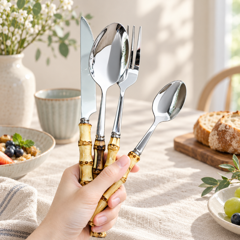 CouldNook Burnt Bamboo Handle Flatware - Stainless Steel Dining Collection