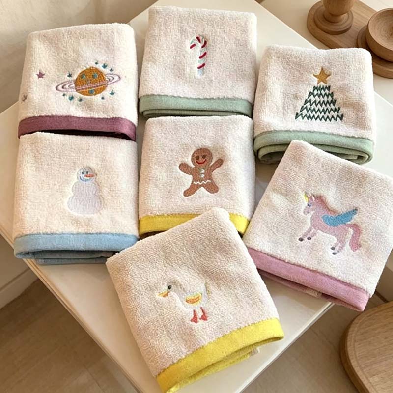 CouldNook Embroidered Cotton Towel - Illustrated Motifs And Contrast Edges