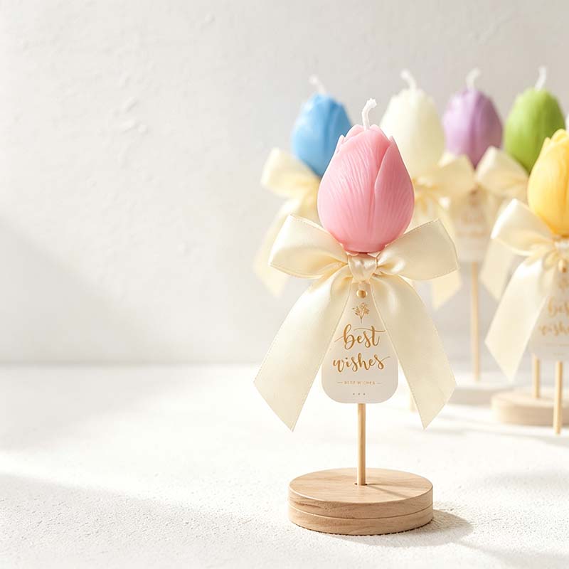 CouldNook Tulip Candle On Stem - Sculpted Petals And Ribbon Bow