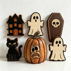 CouldNook Halloween Wooden Tabletop Block‑Ghost Black Cat Pumpkin Haunted House Decor