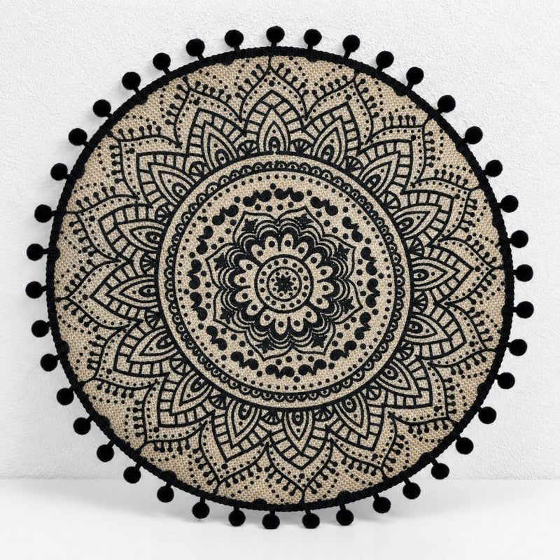 CouldNook Round Jute Placemat - Mandala Print and Decorative Trim