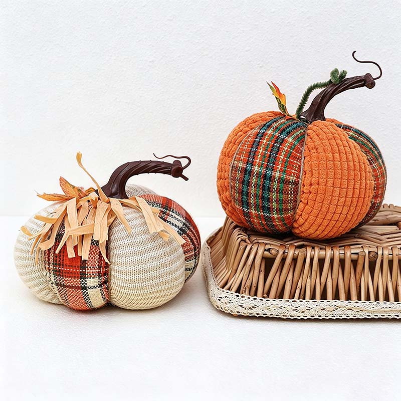 CouldNook Plaid Fabric Pumpkin Ornament - Curved Stem and Textured Panels