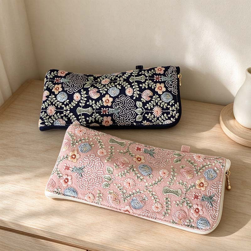 CouldNook Embroidered Glasses Pouch - Floral Stitching And Checked Lining