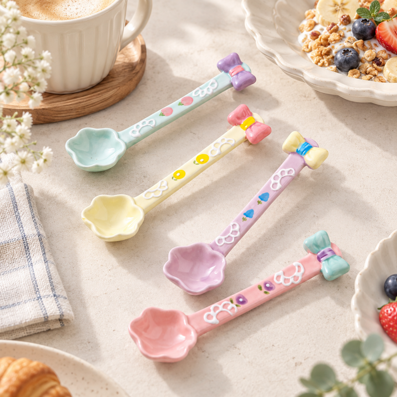 CouldNook Ceramic Long Handle Spoon - Sculpted Floral Accent