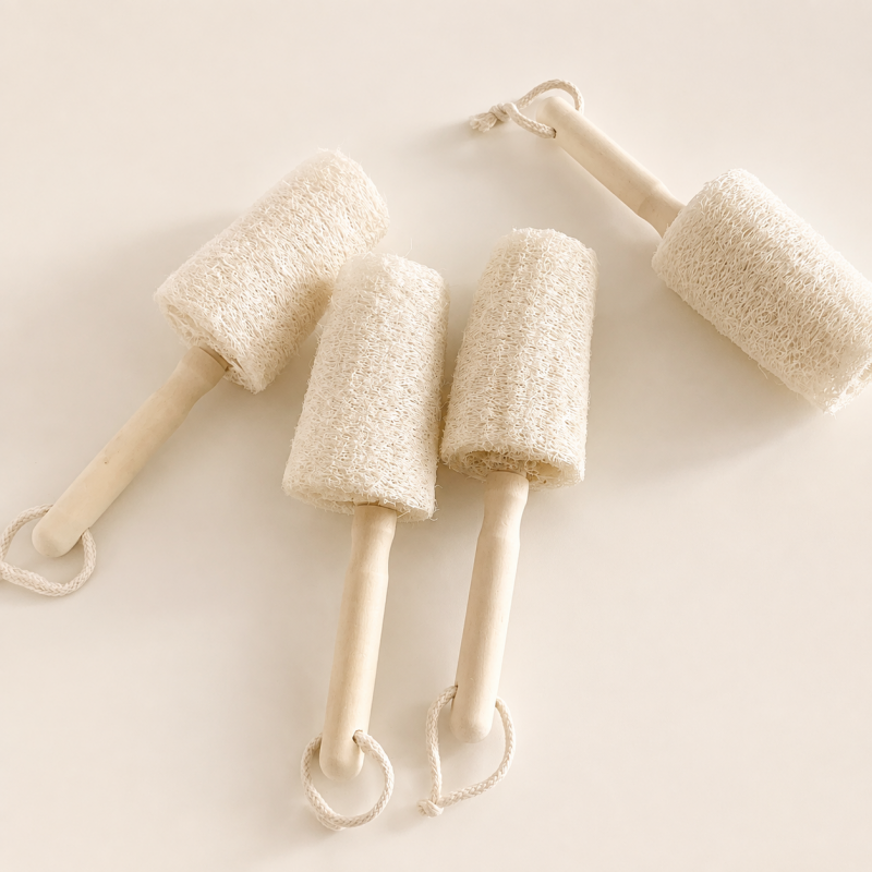 CouldNook Luffa Cup Brush - Wood Handle and Hanging Loop