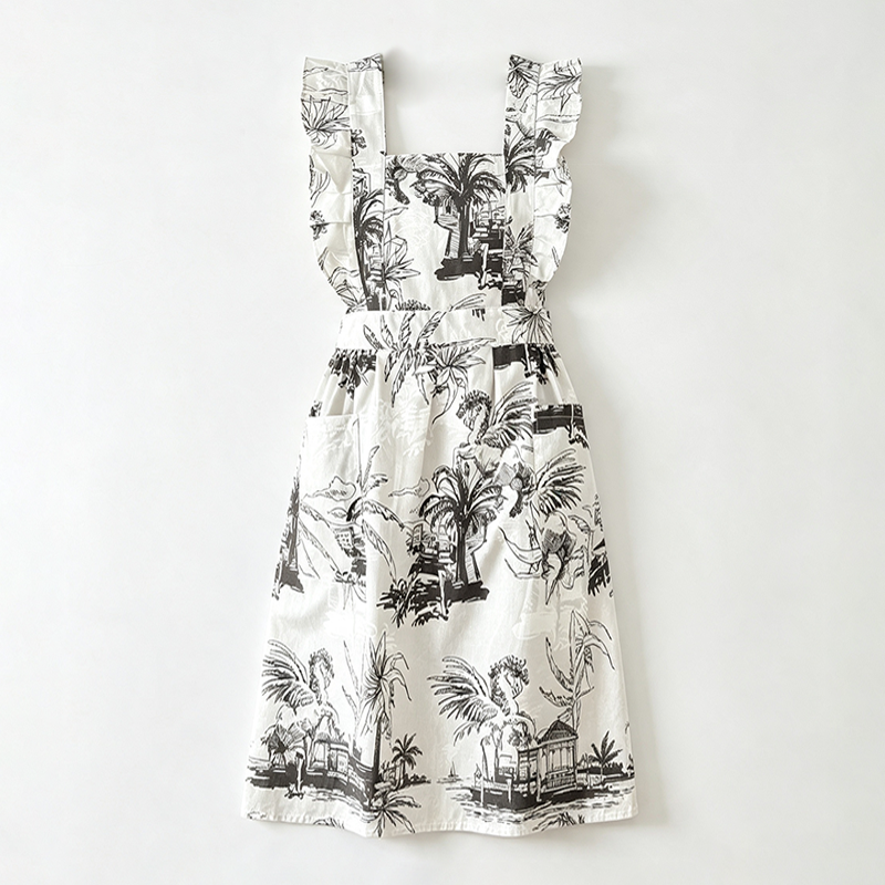 CouldNook Monochrome Toile Apron - Dramatic Ruffle Kitchen Panel