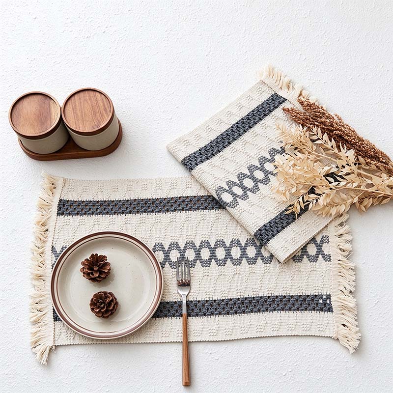Fringed Woven Placemat with Stripes and Diamond Patterns