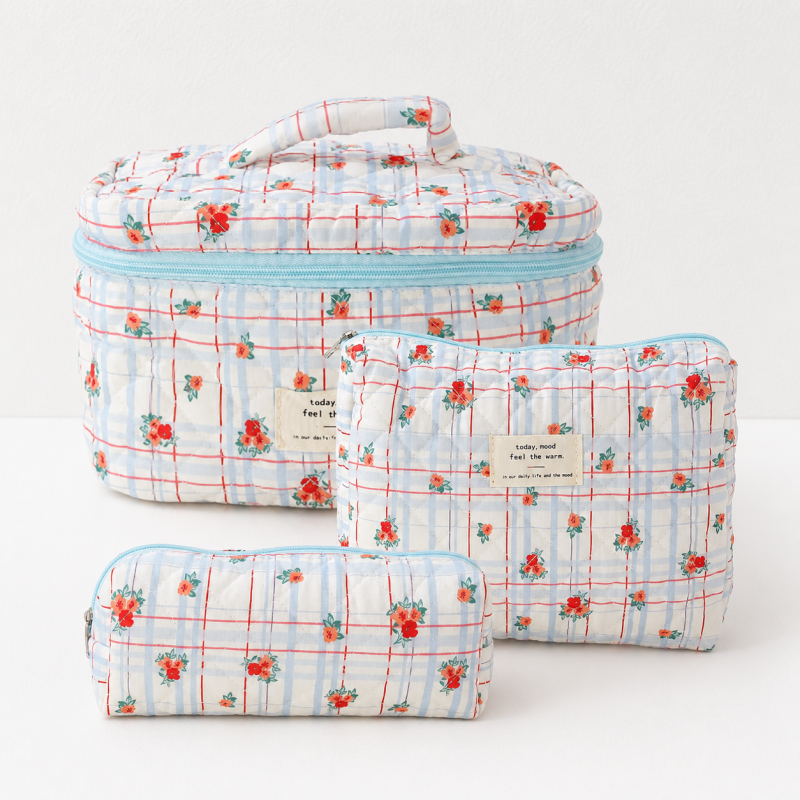 CouldNook Three Piece Quilted Cosmetic Bag Set - Floral Travel Organizers
