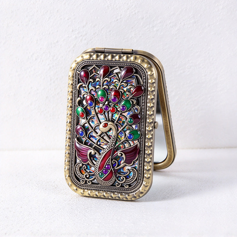 CouldNook Decorative Folding Pocket Mirror - Raised Peacock Motifs And Metal Frame