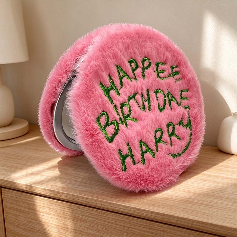 CouldNook Plush Compact Mirror - Pink Cover And Green Birthday Lettering