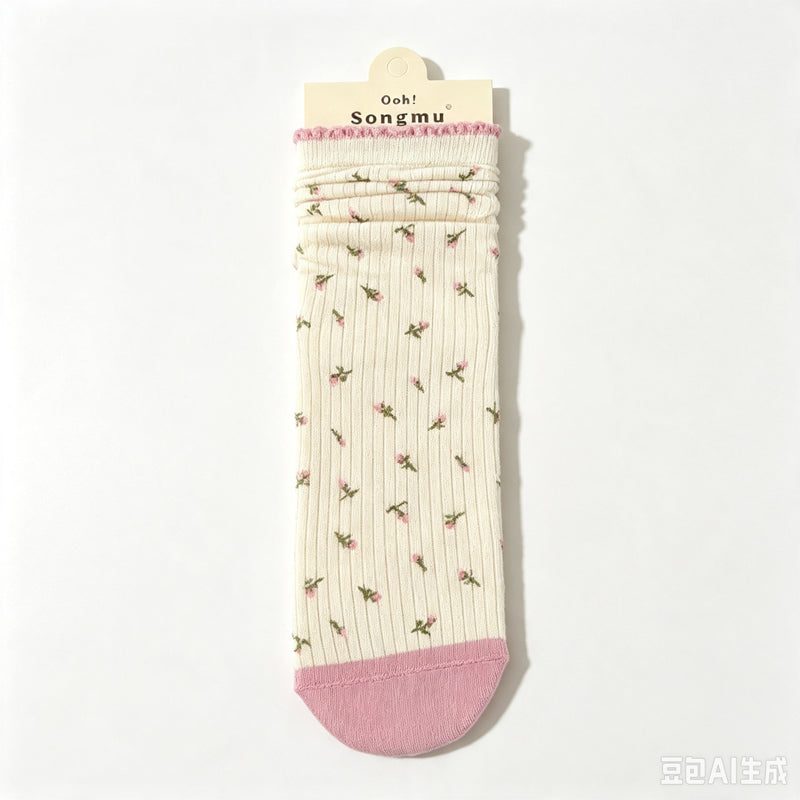 CloudNook Cotton Blend Seamless Breathable Floral Mid-Calf Crew Socks