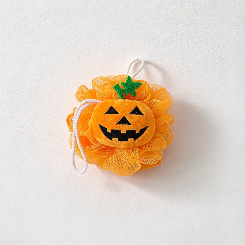 CouldNook Pumpkin Bath Pouf - Jack-O-Lantern Face And Hanging Cord