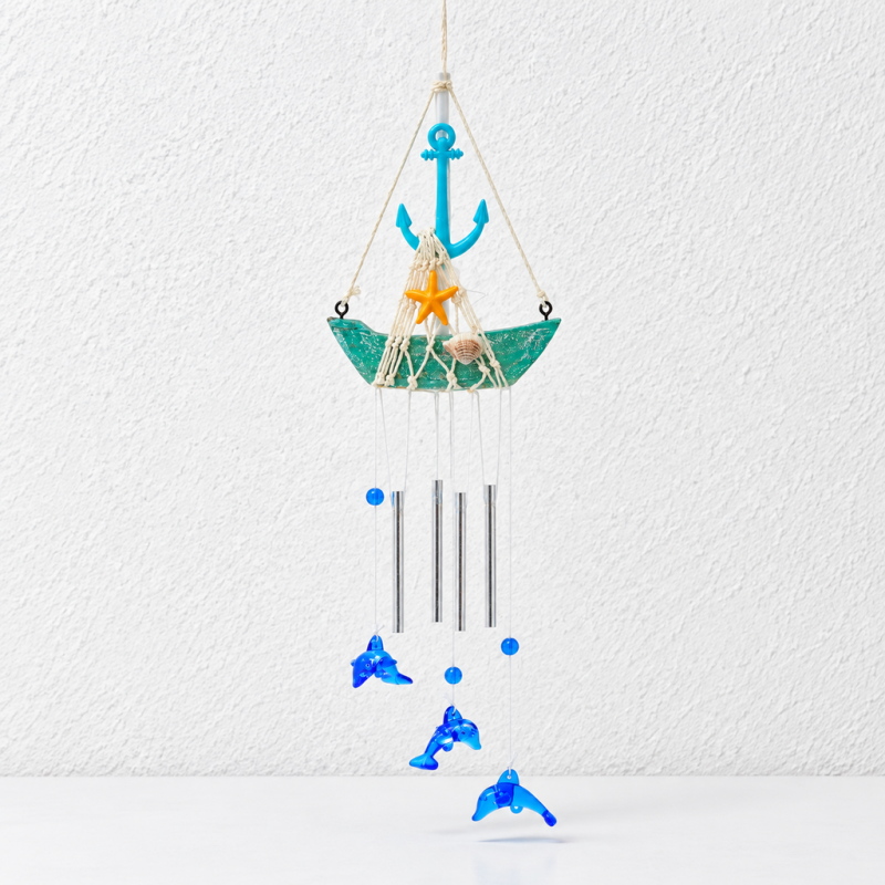 CouldNook Nautical Sailboat Wind Chime - Hanging Tubes And Blue Charms