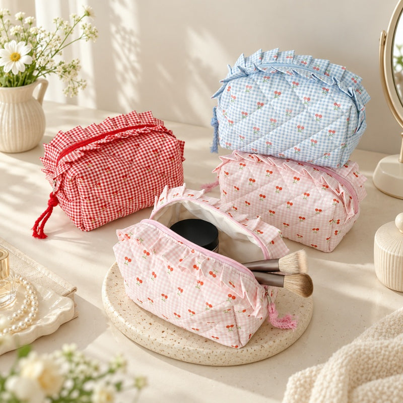 CouldNook Cherry Gingham Makeup Pouch - Ruffled Zipper Edge