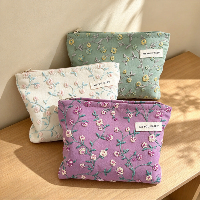 CouldNook Floral Vine Makeup Pouch - Textured Blossoms And Top Zipper