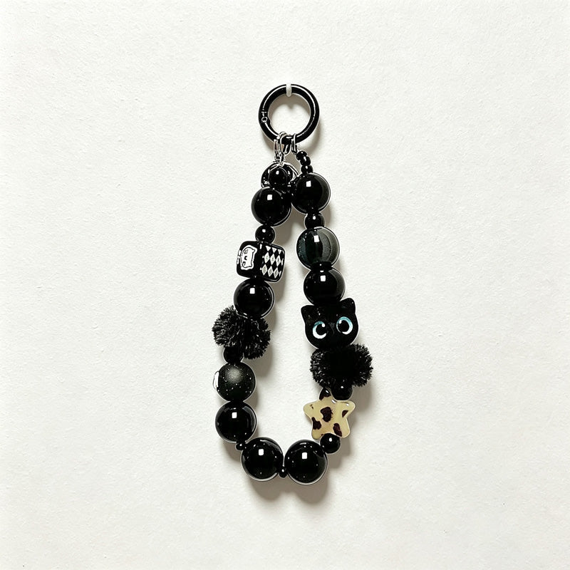CloudNook Beaded Phone Wrist Strap-Black Plush Cat Charms