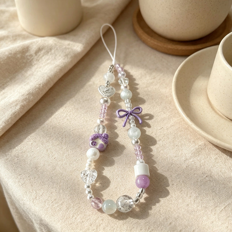 CloudNook Beaded Phone Wrist Strap-Purple House Bow Design