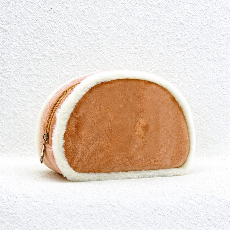 Plush-Trim Semicircle Cosmetic Bag