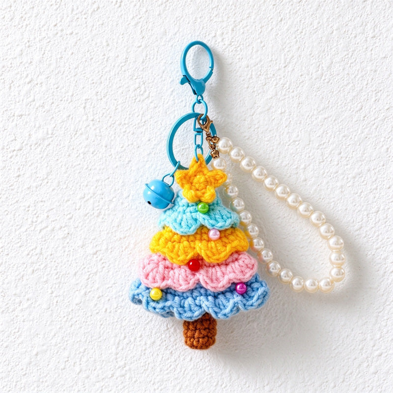Crochet Christmas Tree Keychain with Pearl-Look Bead Loop
