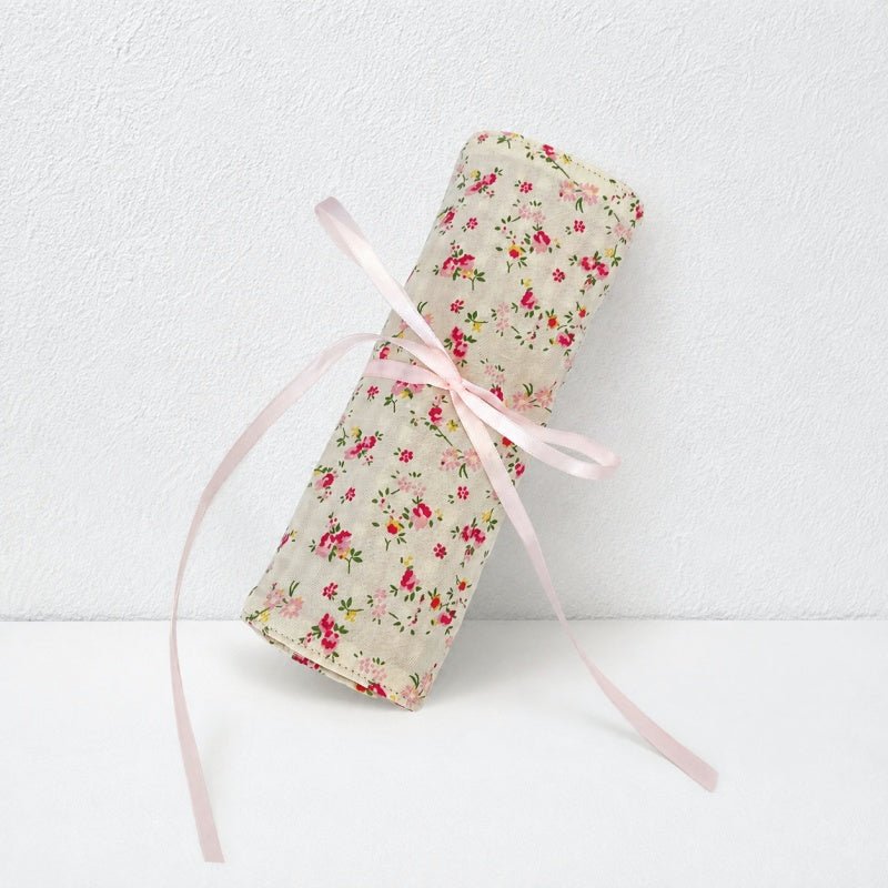 CouldNook Floral Fabric Makeup Brush Roll‑Portable Cosmetic Pouch with Ribbon Tie