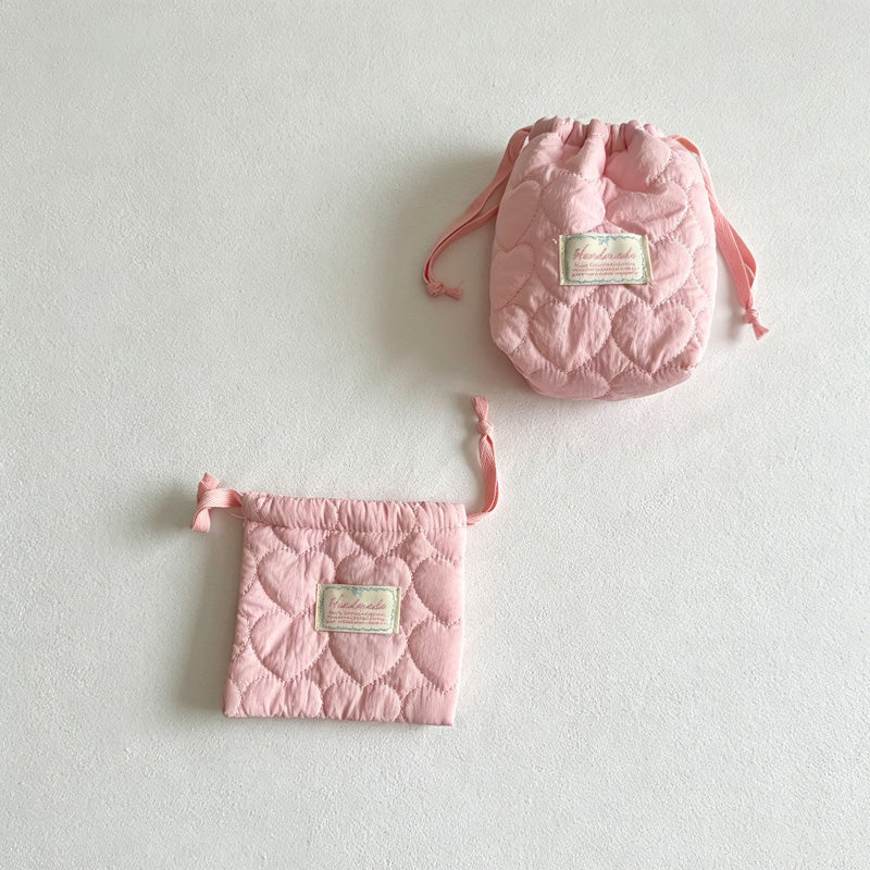 CloudNook Heart Quilted Drawstring Pouch‑Cosmetic Storage Bag