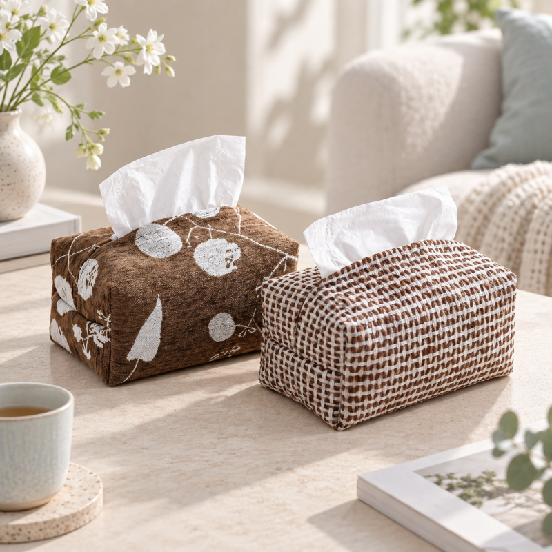 CouldNook Caramel Fabric Tissue Holder - Woven Pattern Cover