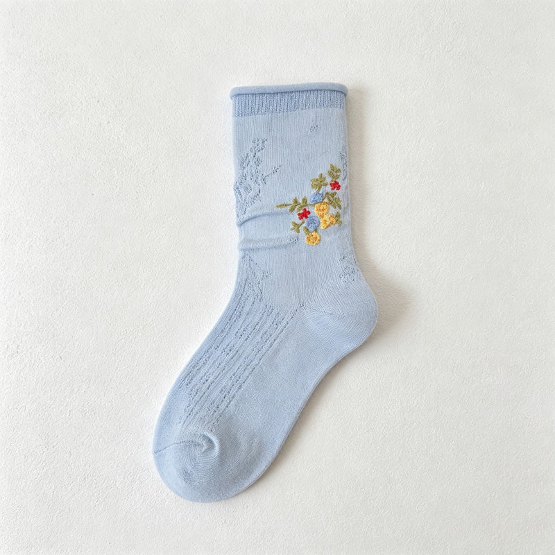 CouldNook Floral Embroidered Crew Socks-Floral Embroidered Accent