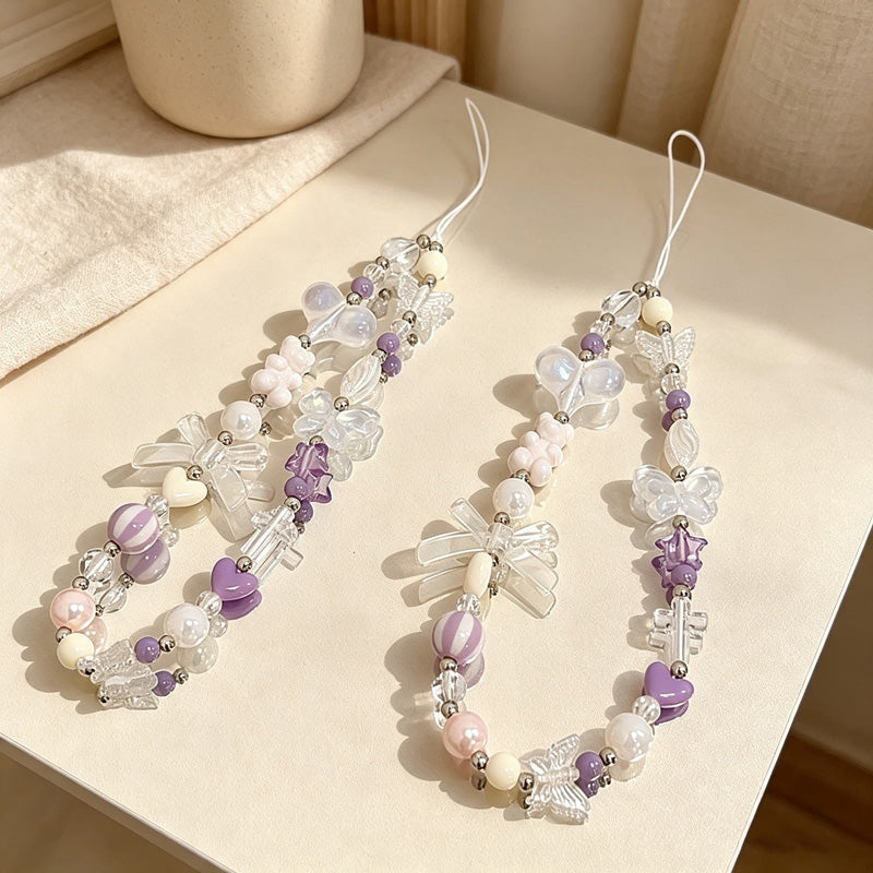 CloudNook Purple Bow Phone Lanyard‑Crystal Beaded Wrist Charm