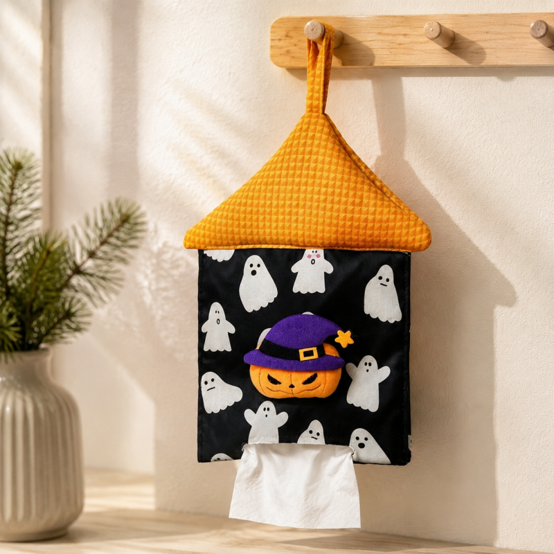 CouldNook Halloween House Tissue Holder - Pumpkin and Ghost Roof Design