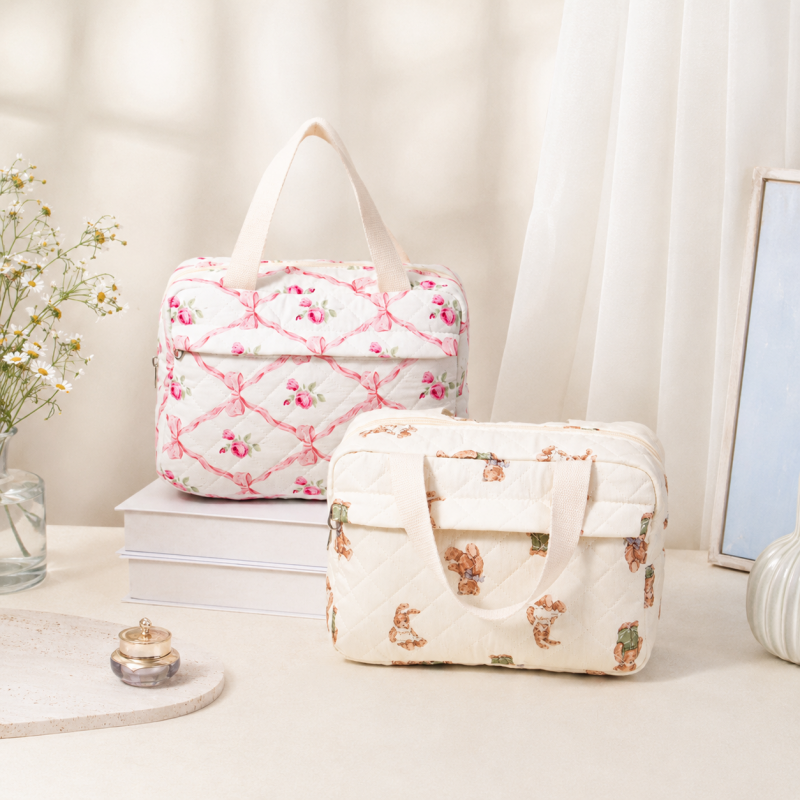 CouldNook Quilted Cosmetic Travel Bag - Floral Prints and Handles