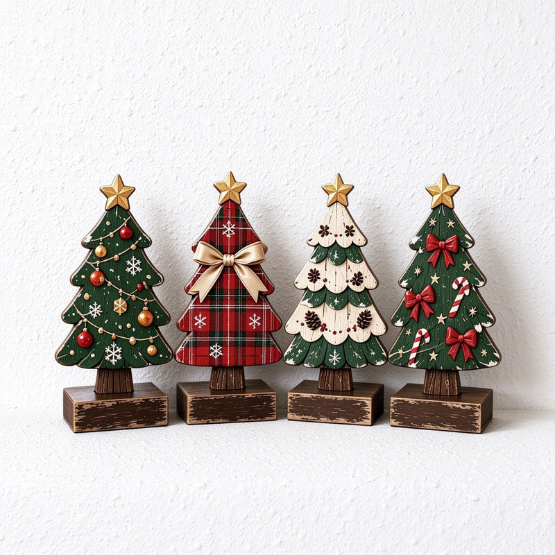 Four-Piece Wooden Christmas Tree Tabletop Decoration Set