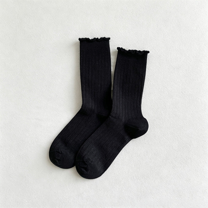 CouldNook Ruffled Ribbed Crew Socks-Ruffled Cuff Edge