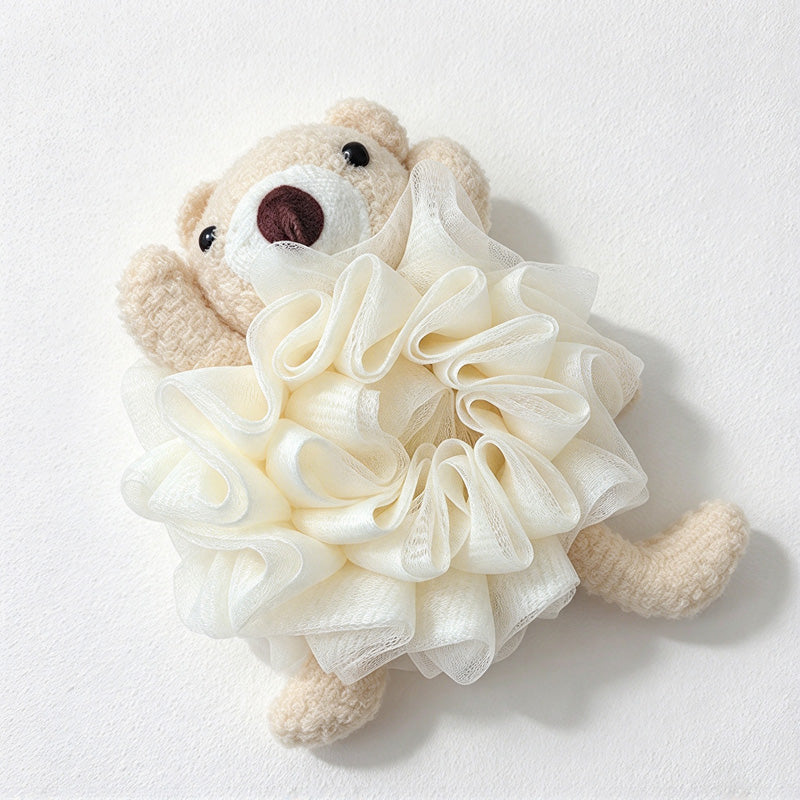 CouldNook Animal Bath Pouf - Bear and Rabbit Faces Around Ruffled Mesh