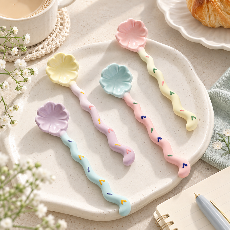 CouldNook Ceramic Long Handle Spoon - Pastel Sculpted Handle