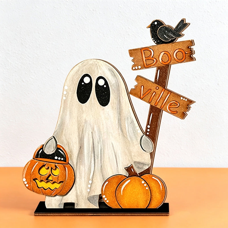 CouldNook Halloween Ghost Wooden Tabletop Ornament‑Pumpkin Boo‑Ville Sign Home Decor