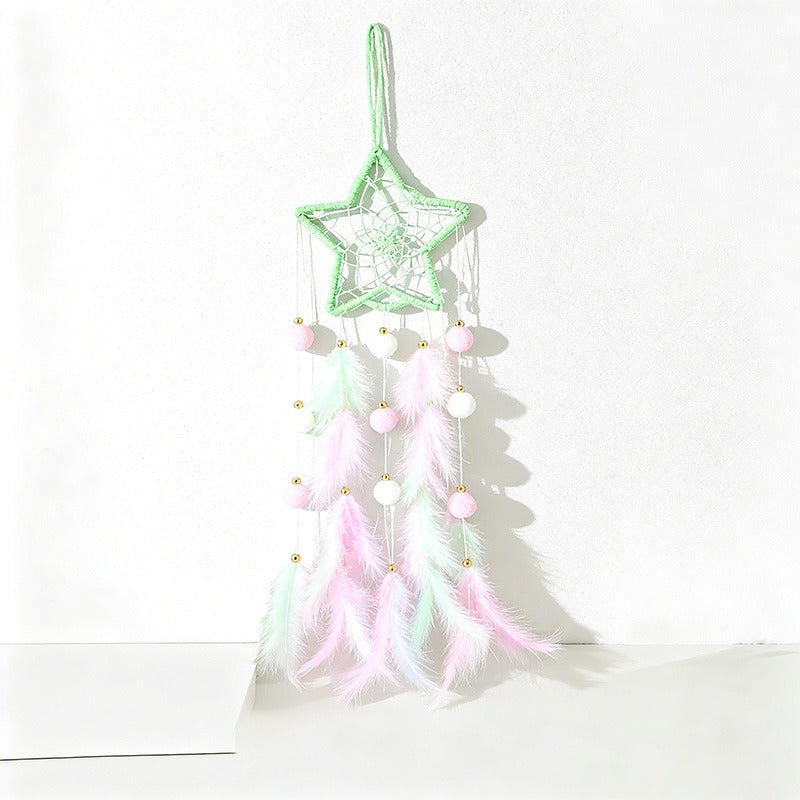 CouldNook Dreamcatcher-Handmade Star Moon Cat Shaped Feather Pom Pom Dream Catcher Wind Chime