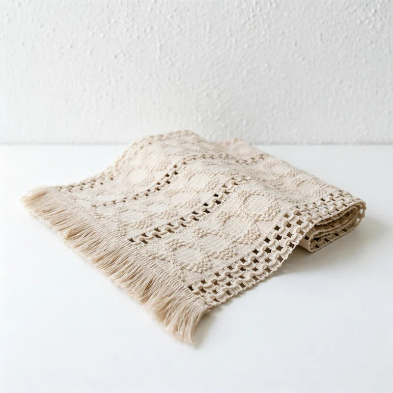 CouldNook Farmhouse Cotton Linen Table Runner - Rustic Boho Woven Macrame Mat