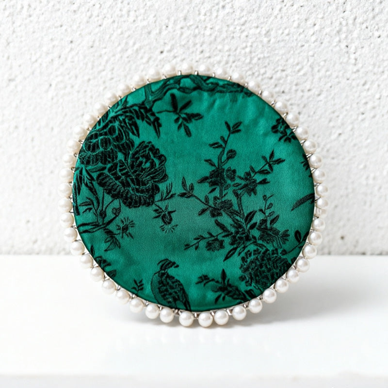 CouldNook Vintage Oriental Brocade Coaster - Luxury Pearl-Edged Teacup Mat