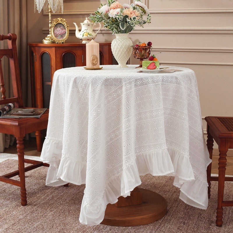 Boho Diamond Cutwork Ruffle Tablecloth - White Cotton-Blend Table Cover