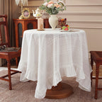 Boho Diamond Cutwork Ruffle Tablecloth - White Cotton-Blend Table Cover