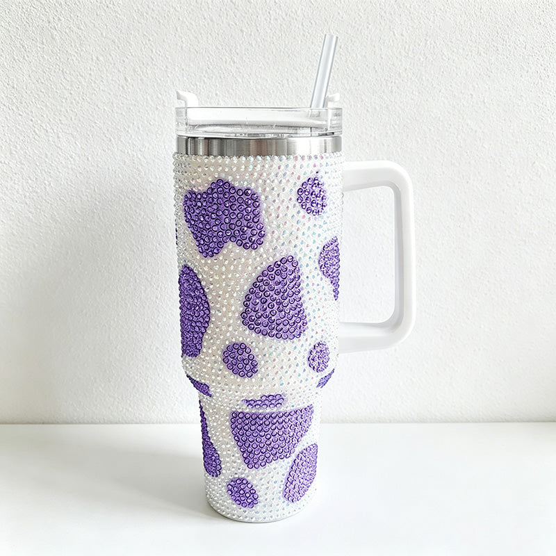 CouldNook 40oz Rhinestone Cow Print Tumbler-Stainless Steel Vacuum Insulated Ice Tumbler with Handle & Straw