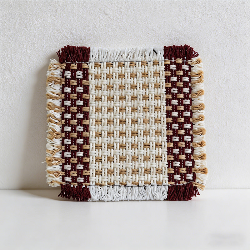 CouldNook Boho Hand-Woven Fringe Coaster - Chunky Checkered Cotton Mug Mat