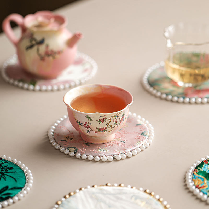 CouldNook Vintage Oriental Brocade Coaster - Luxury Pearl-Edged Teacup Mat