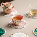 CouldNook Vintage Oriental Brocade Coaster - Luxury Pearl-Edged Teacup Mat