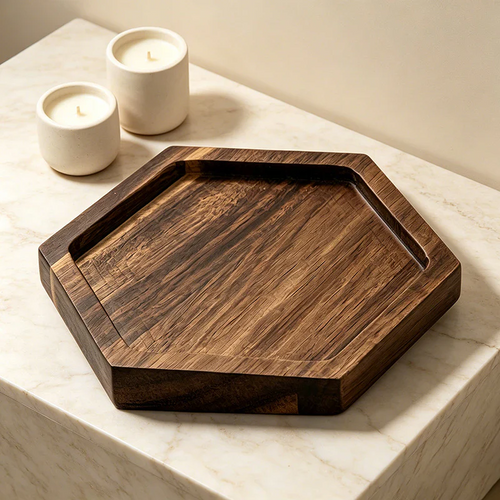 Acacia Wood Hexagonal Serving Plates- Versatile Tray for Tea, Snacks & Decor