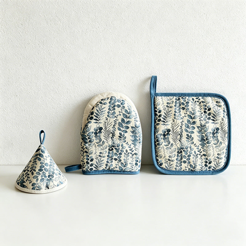 CouldNook Japanese Cotton Oven Mitt & Pot Holder - Blue Botanical Decor