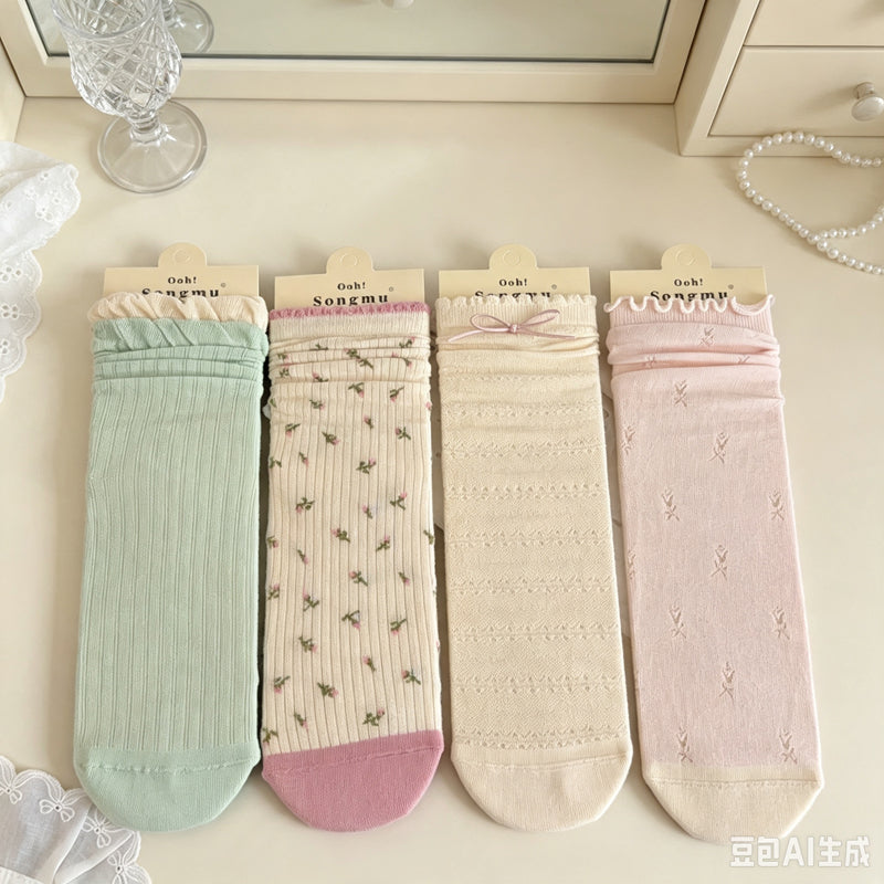 CloudNook Cotton Blend Seamless Breathable Floral Mid-Calf Crew Socks