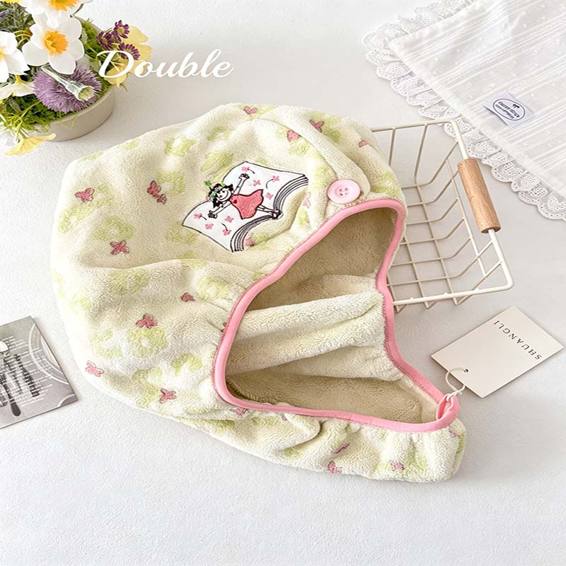 CouldNook Floral Hair Towel Wrap - Embroidered Button Fastening