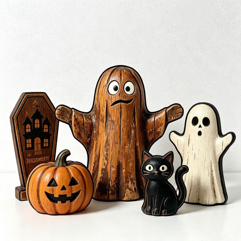 CouldNook Halloween Wooden Tabletop Block‑Ghost Black Cat Pumpkin Haunted House Decor