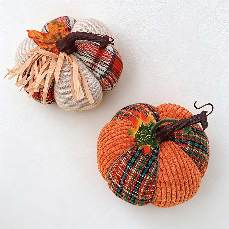 CouldNook Plaid Fabric Pumpkin Ornament - Curved Stem and Textured Panels